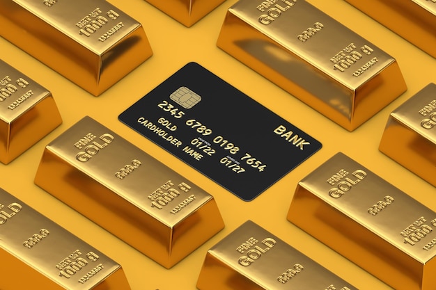 Ряды изометрических золотых слитков с черной пластиковой золотой кредитной картой с чипом 3d-рендеринга