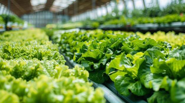 Rows of Lettuce Growing in a Greenhouse