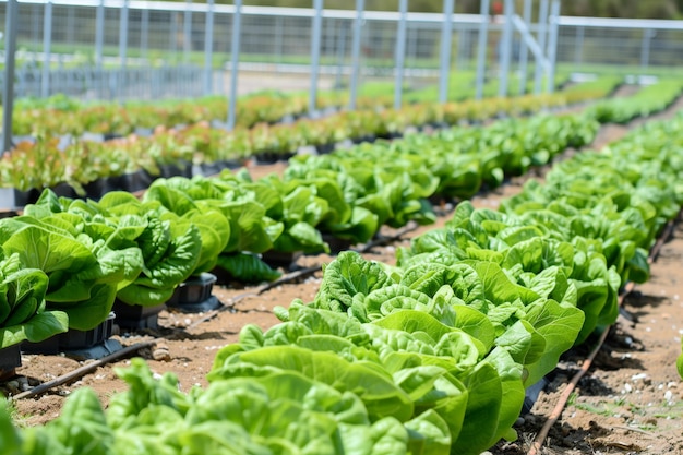 Rows of lettuce with factory security fence parallel in view