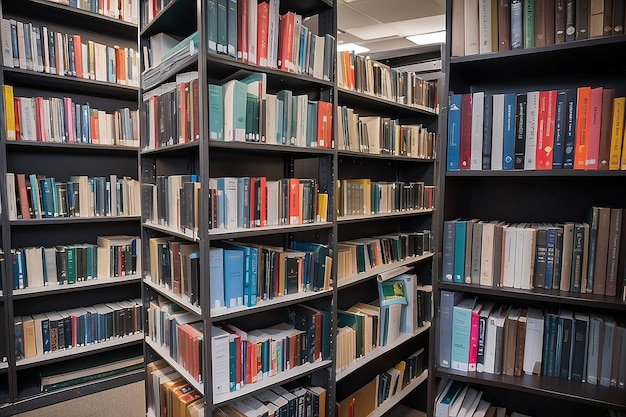 Rows of library books on shelves