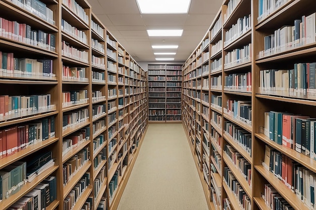Ряды книг в библиотеке на полках