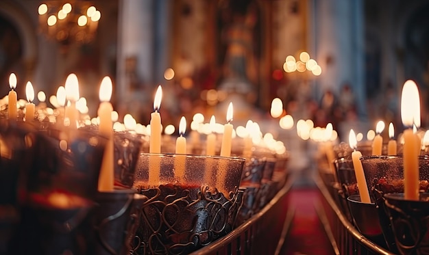 Rows of lit candles in a church