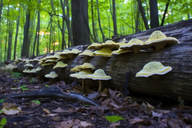 Rows of luminescent fungi on a fallen tree