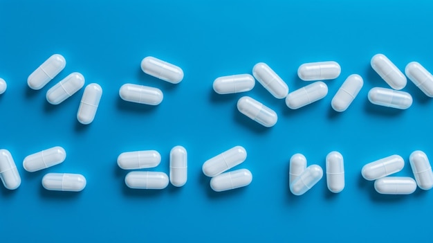 Rows of medicine capsules on a blue background copy space