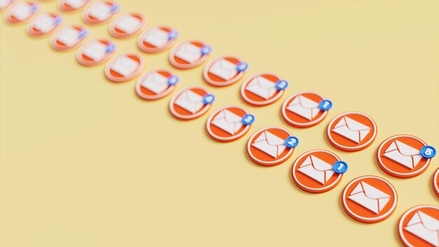 Rows of message icons with alert sign on yellow base social media theme 3d illustration