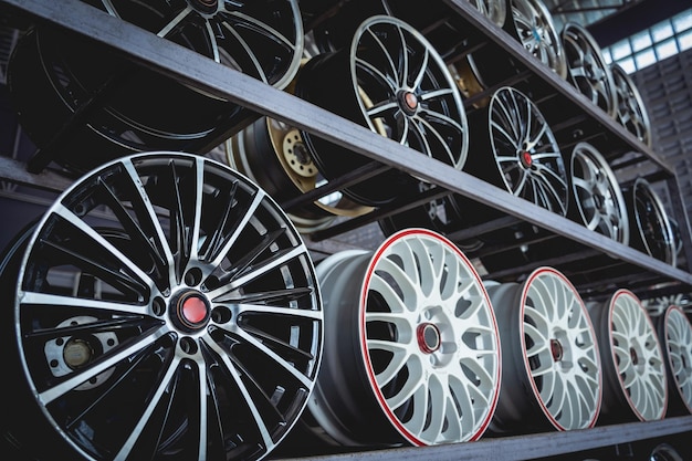 Photo rows of metal car disks in a shop