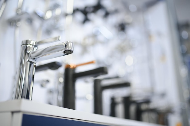 Rows of new faucets in plumbing shop