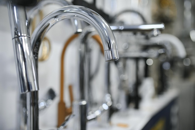 Rows of new faucets in plumbing shop