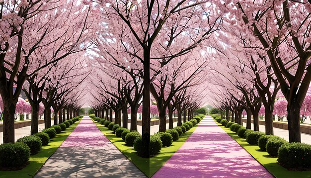 写真 美しいピンクの花の木の列
