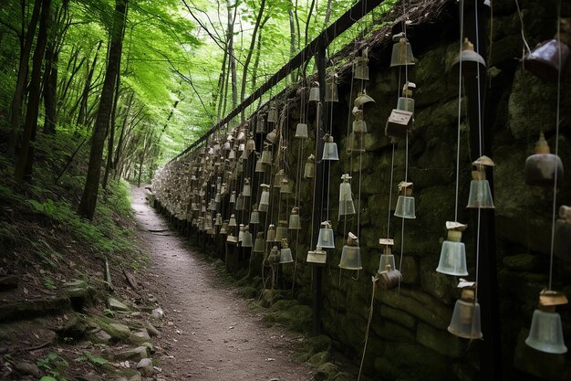 Фото Ряды колоколов, натянутых вдоль горной тропы