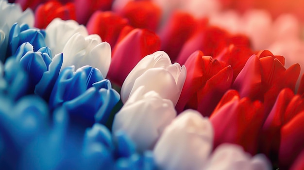 Фото Ряды красно-белых и голубых тюльпанов в мягком фокусе напоминают флаг нидерландов
