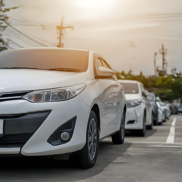 暖かい 夕暮れ の 光 の 下 で 輝く 駐車 し た 車 の 列