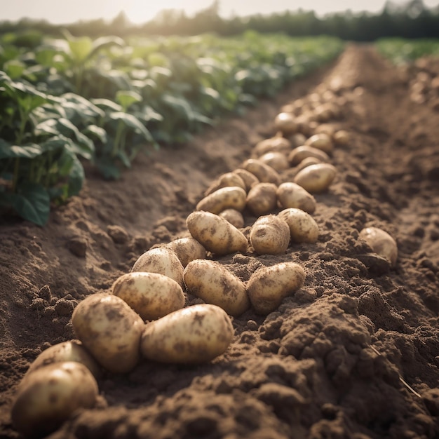 Rows of potatoes on a field with the sun shining on them