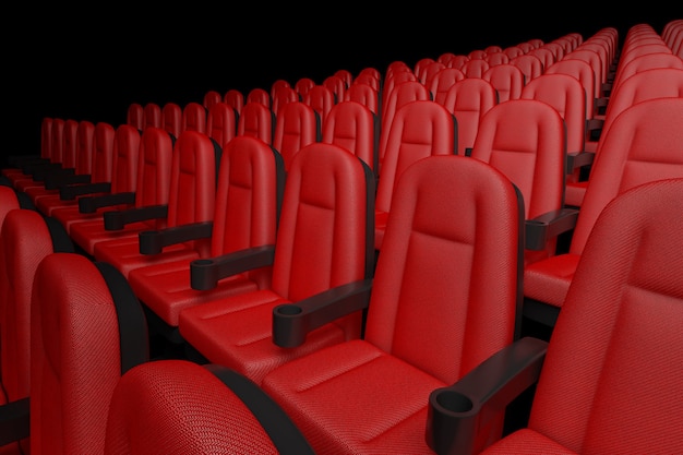 Rows of Red Cinema Movie Theater Comfortable Chairs on a black background. 3d Rendering