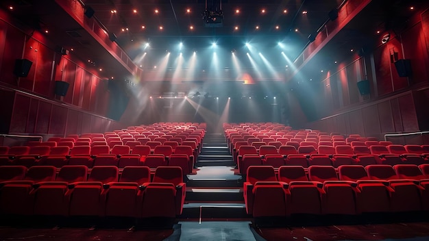 Rows of red cinema seats under bright spotlights in empty auditorium Concept Cinema Red Seats Bright Lights Empty Auditorium Theatrical Atmosphere