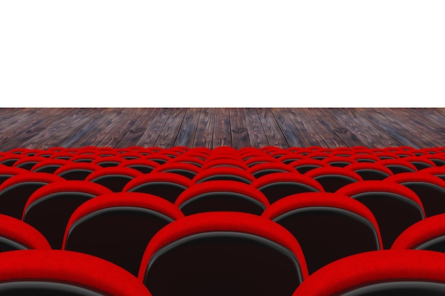 Rows of Red Cinema or Theater Seats in front of Cinema or Theater Scene with Blank Space for Yours Design on a white background. 3d Rendering