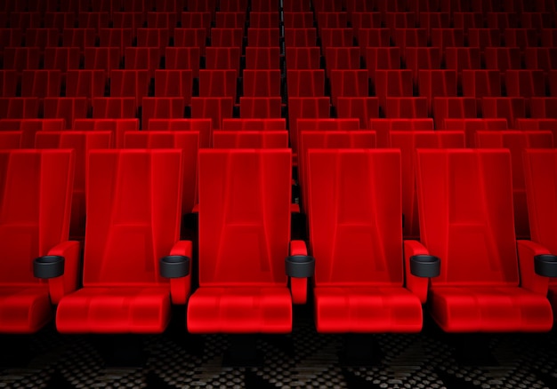 Rows of red velvet seats watching movies in the cinema with copy space banner background Entertainment and Theater concept 3D illustration rendering