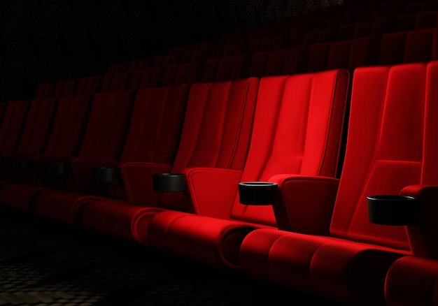 Ряды сидений из красного бархата смотрят фильмы в кинотеатре с копировальным фоном баннера Развлечения и театральная концепция 3D рендеринг иллюстрации