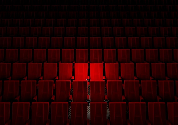 Photo rows of red velvet seats watching movies in the cinema with spotlight only couple deluxe seat background entertainment and theater concept 3d illustration rendering