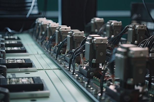 Rows of robotic arms performing precise assembly tasks on circuit boards