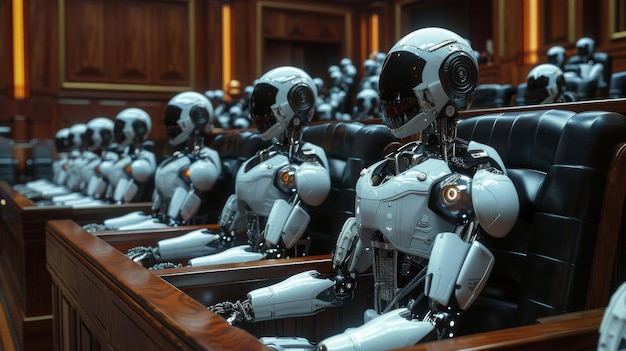 Photo rows of robots with humanoid features sitting courtroom hall