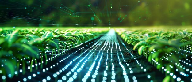 Photo rows of seedlings lit by glowing lines of light merging nature and technology in a vivid futuristic landscape