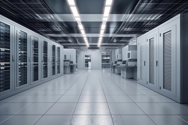 Rows of server racks in a data center hallway