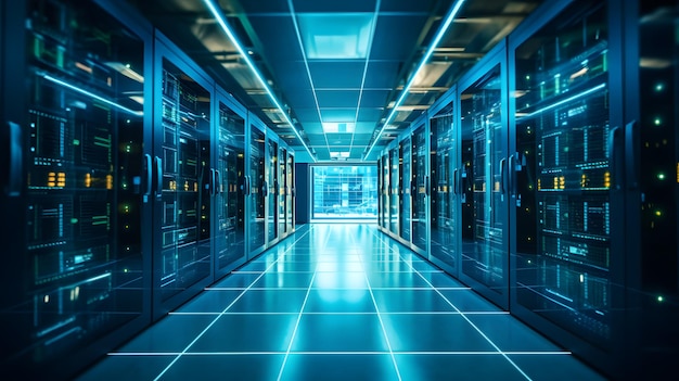 Rows of servers in a data center illuminated by blue lights