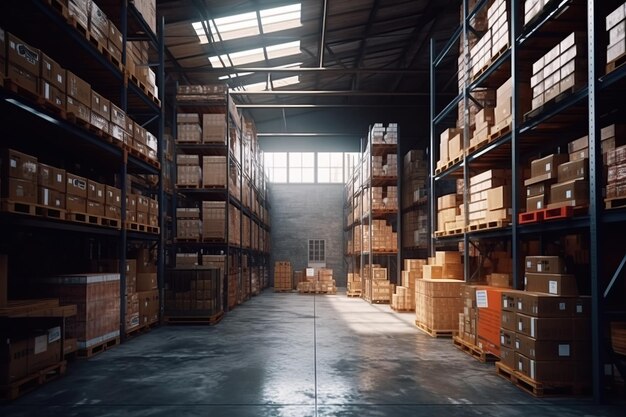 Rows of shelves with boxes in modern warehouse Generative AI Technology