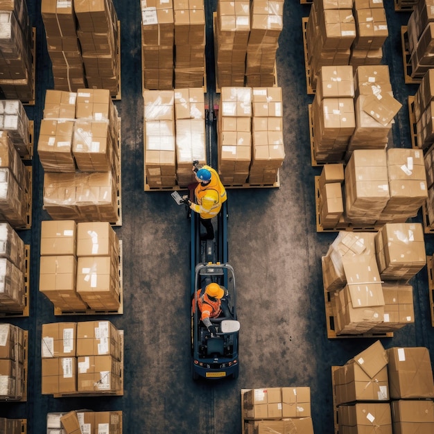 Photo rows of shelves with goods boxes in modern industry warehouse store at factory generative ai