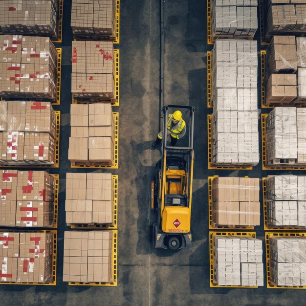 Photo rows of shelves with goods boxes in modern industry warehouse store at factory generative ai