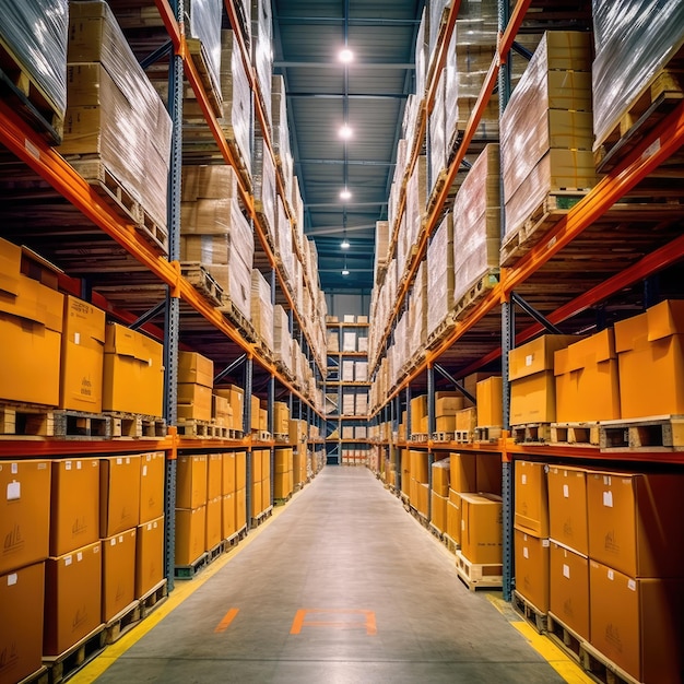 Rows of shelves with goods boxes in modern industry warehouse store at factory warehouse storage Generative ai