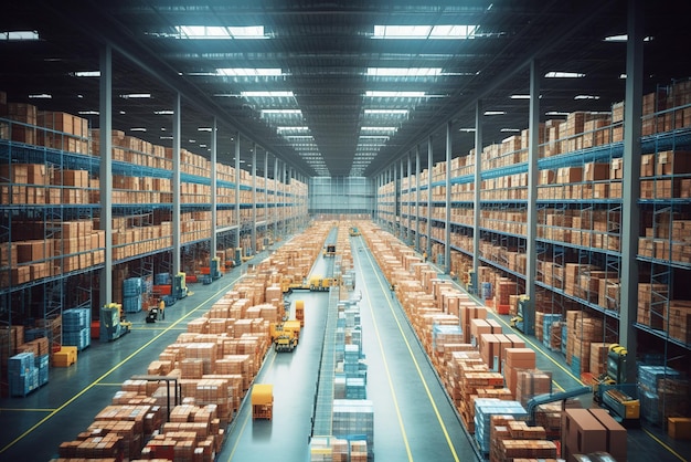 Ряды полок с товарными ящиками в современном промышленном складе на заводском складе