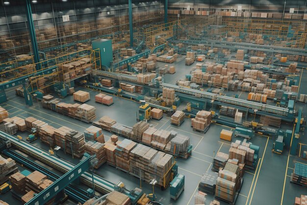 Rows of shelves with goods boxes in modern industry warehouse store at factory warehouse storage