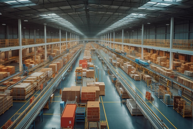 Rows of shelves with goods boxes in modern industry warehouse store at factory warehouse storage