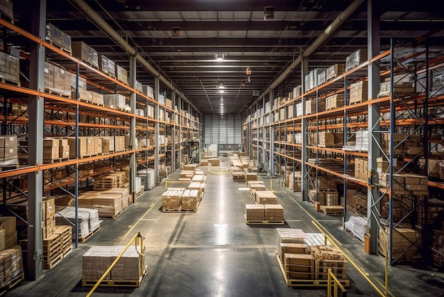 Rows of shelves with goods boxes in modern industry warehouse store at factory warehouse storage