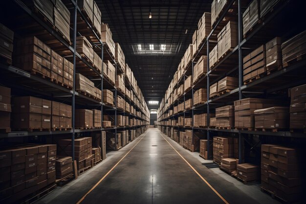 Premium AI Image | Rows of shelves with goods boxes in warehouse store ...