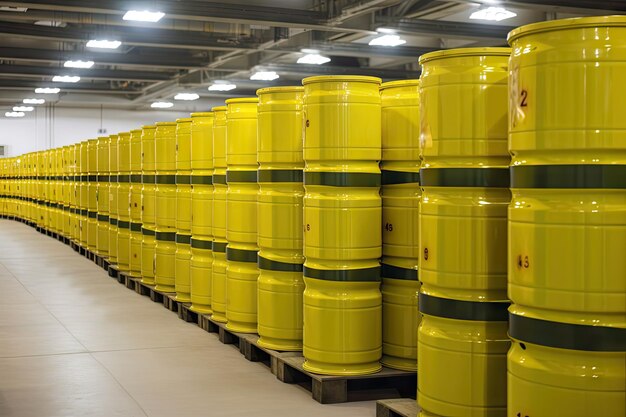 Rows of shiny new nuclear waste containers ready for disposal created with generative ai