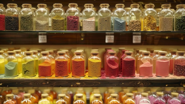 Rows of small labeled bottles filled with brightcolored powders line the shelves showcasing the vast