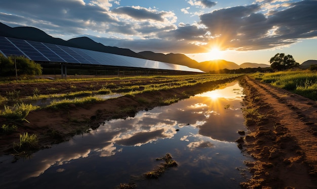 Rows of solar panels installed on a field Selective soft focus