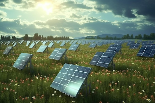 Rows of solar panels installed on a field