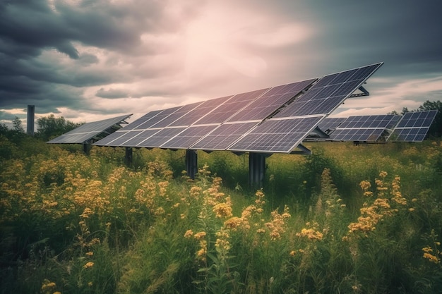 Rows of solar panels installed on a field