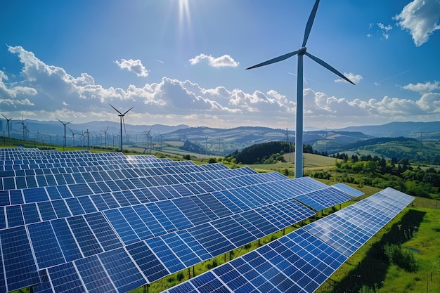 Photo rows of solar panels and wind turbines on green landscape hybrid renewable energy generation concept