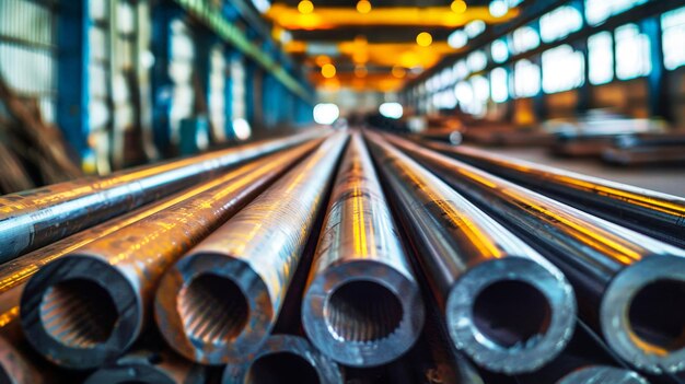 Rows of Steel Pipes in Factory