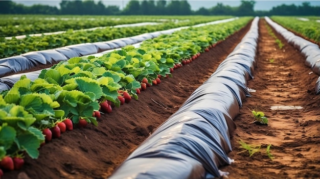 Rows of strawberries on the ground