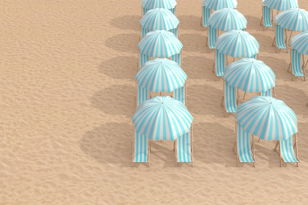 Righe di sedie a sdraio blu a strisce con ombrelloni su un primo piano estremo di spiaggia di sabbia. rendering 3d