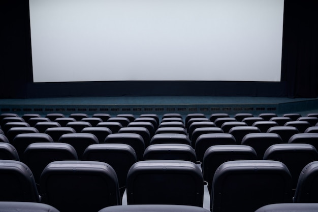 Rows of theater seats and white screen.