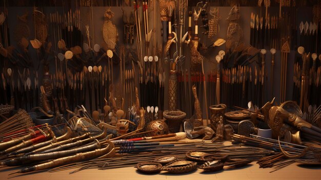 Rows of traditional wooden arrows with feather fletching in a historic armory setting