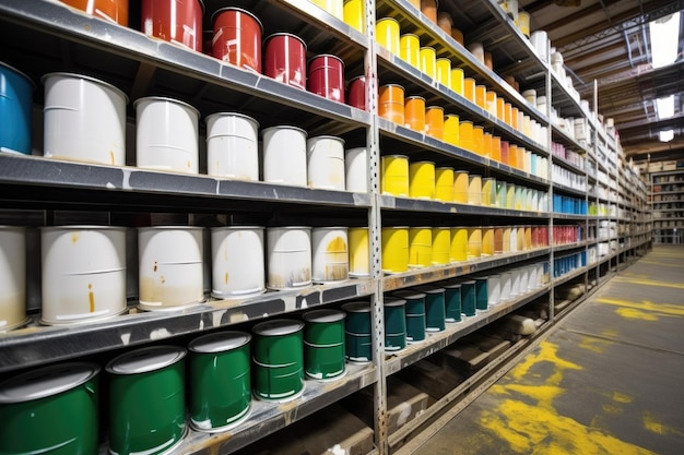 Rows of unlabelled paint cans on industrial shelves