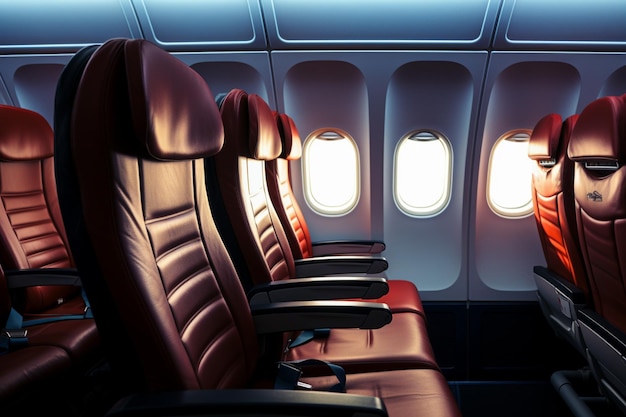 Photo rows of unoccupied seats on the aircraft provide an empty travel experience